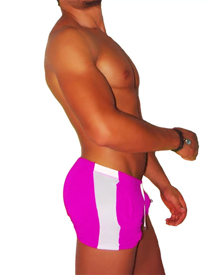 Icker sea air fitness side stripe shorts pink SHR-14-AIR-03 bright pink swim trunks with bold white vertical stripes and drawstring waist
