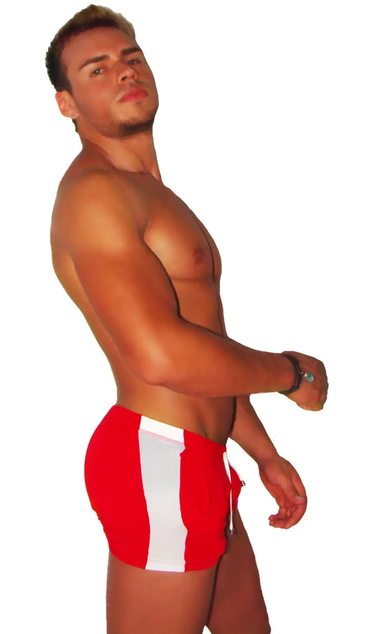 Icker Sea Air fitness side stripe shorts red with red and white striped swim trunks and drawstring waistband