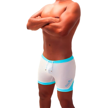 White swim trunks with light blue trim and drawstring waistband from icker sea athletic mesh contrast trim shorts blue shr 22 01