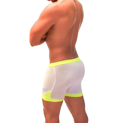 Icker Sea athletic mesh shorts in white with neon yellow trim and a blue logo on the left thigh for sports use