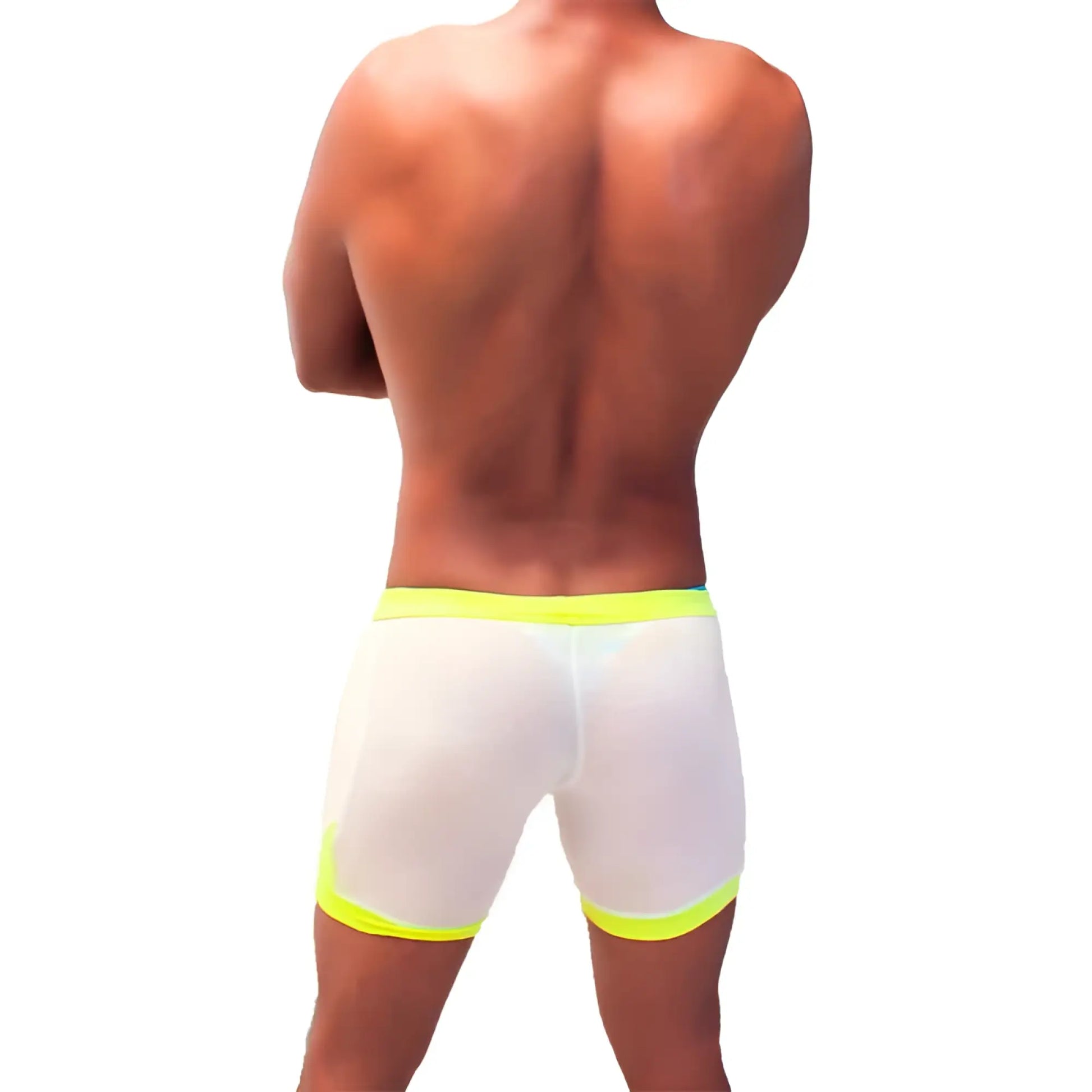 Icker Sea athletic white mesh briefs with neon yellow contrast trim designed for sporty comfort SHR-22-01