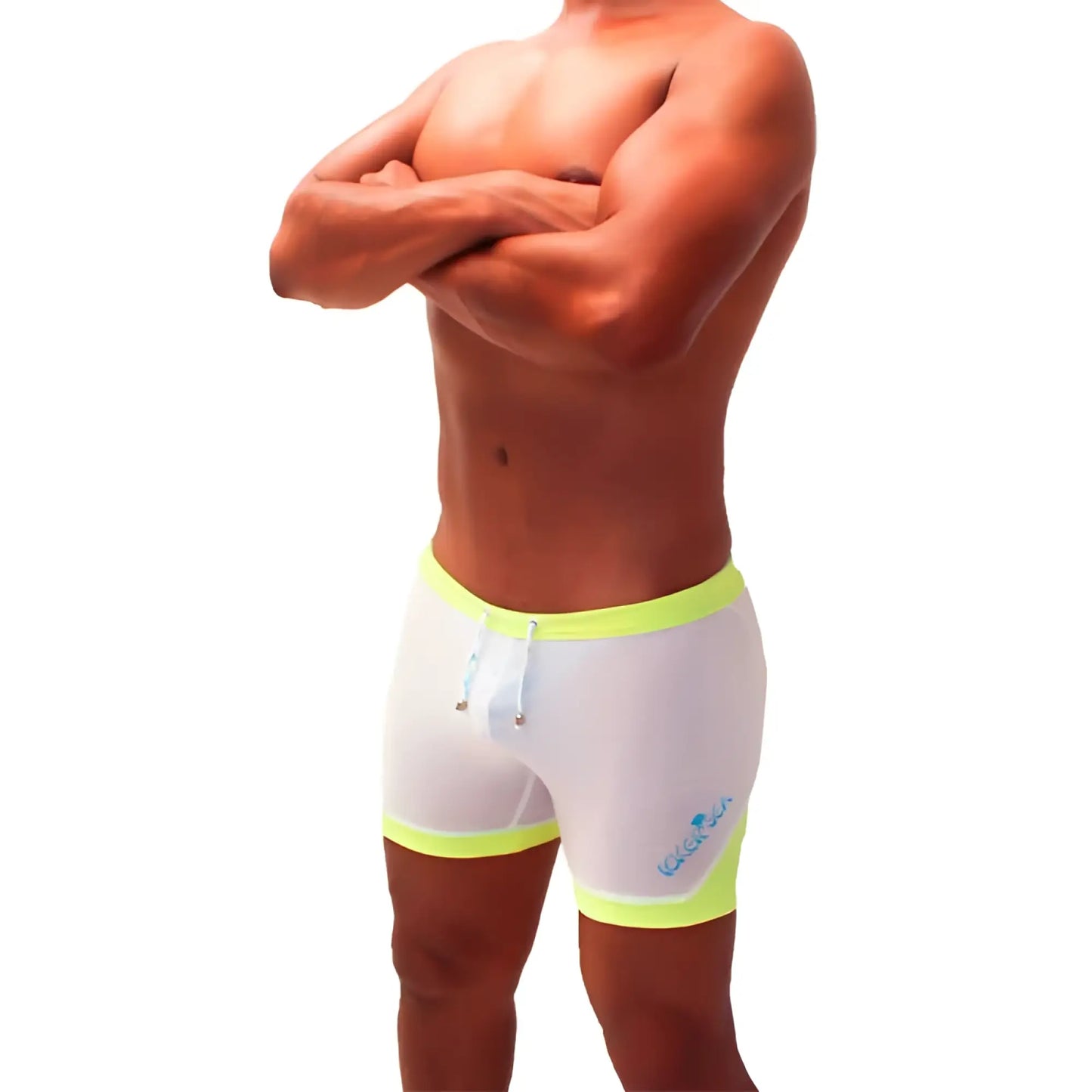 Icker Sea athletic mesh contrast trim white swim trunks with neon yellow trim and blue logo for active use
