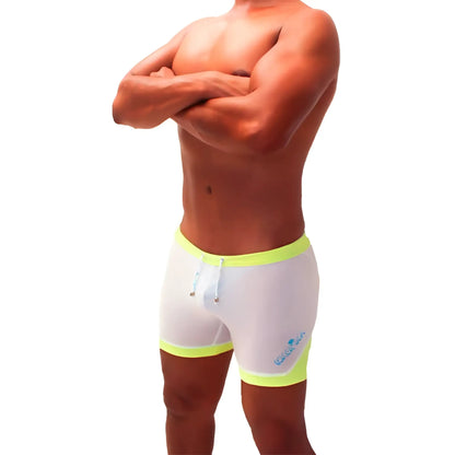 Icker Sea athletic mesh contrast trim white swim trunks with neon yellow trim and blue logo for active use