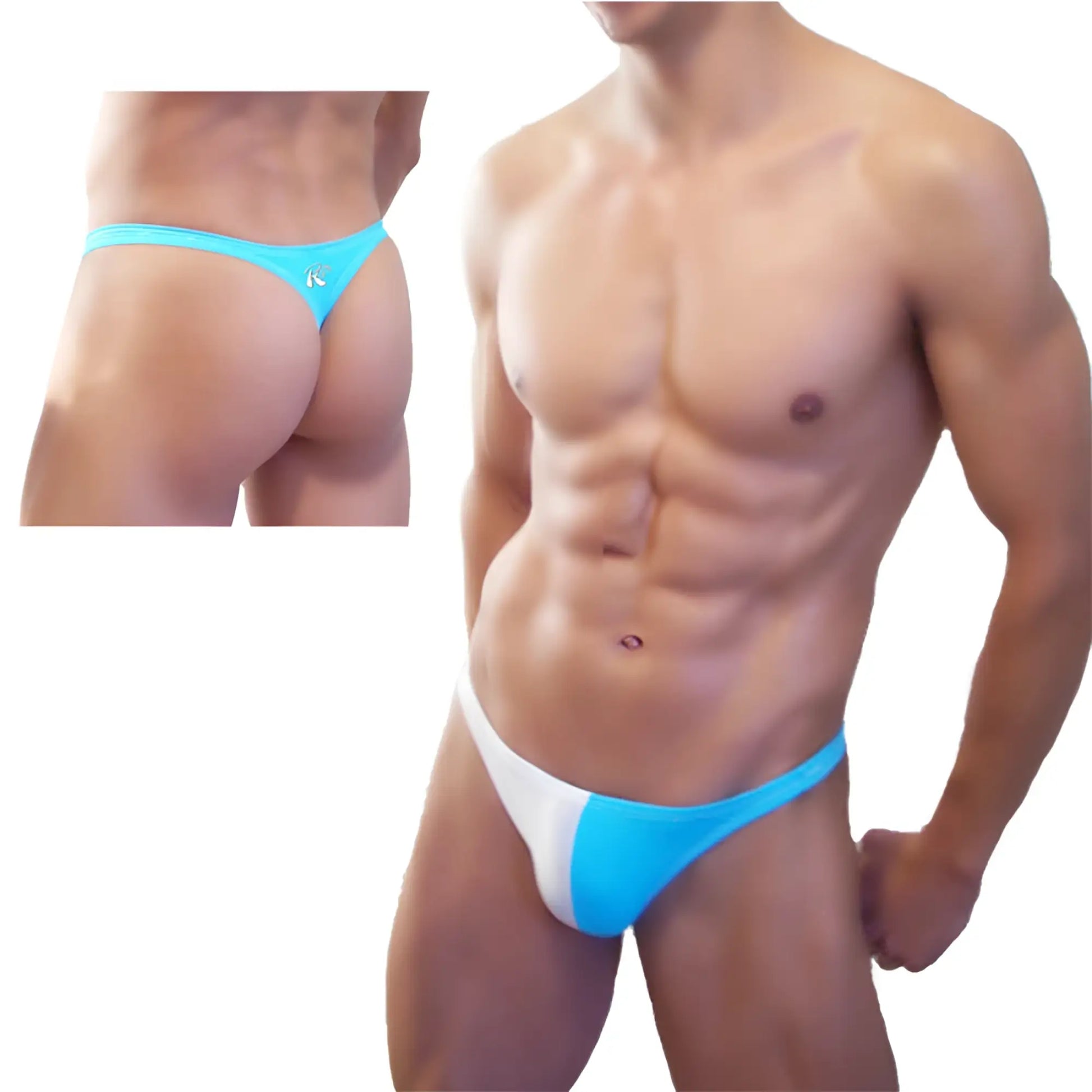 Icker Sea bicolor thong swimwear in bright blue and white with a small logo on the side for beachwear
