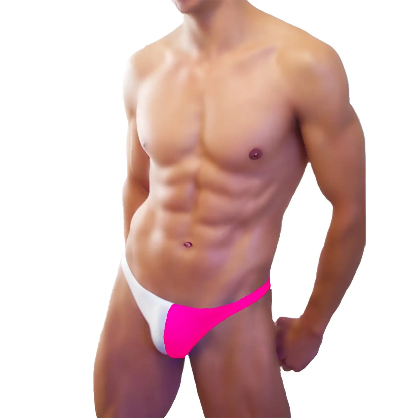 Bright pink and white two-tone icker sea bicolor thong swim briefs designed for stylish swimwear use