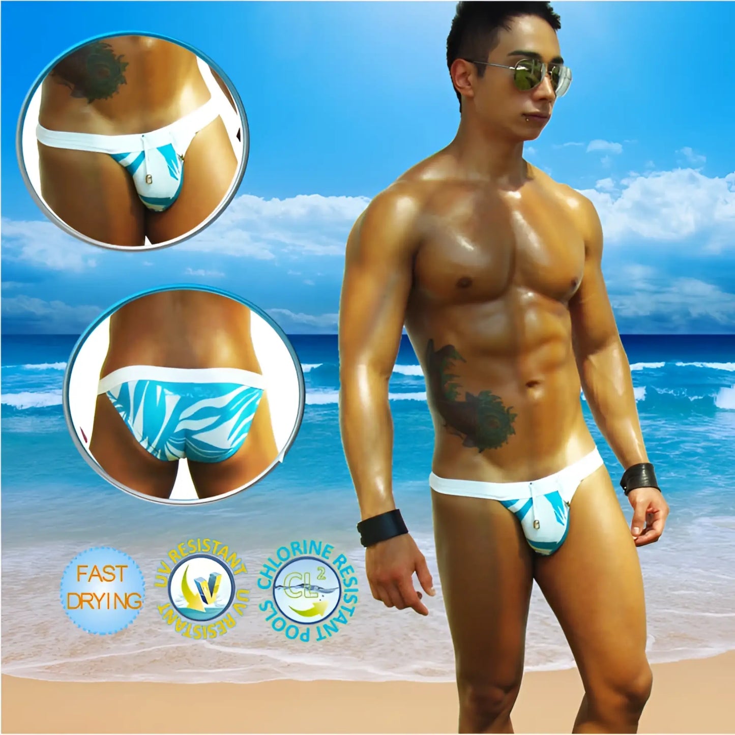 Icker Sea Blue Waves microslip bikini swimwear with blue and white patterned swim trunks featuring a zipper closure