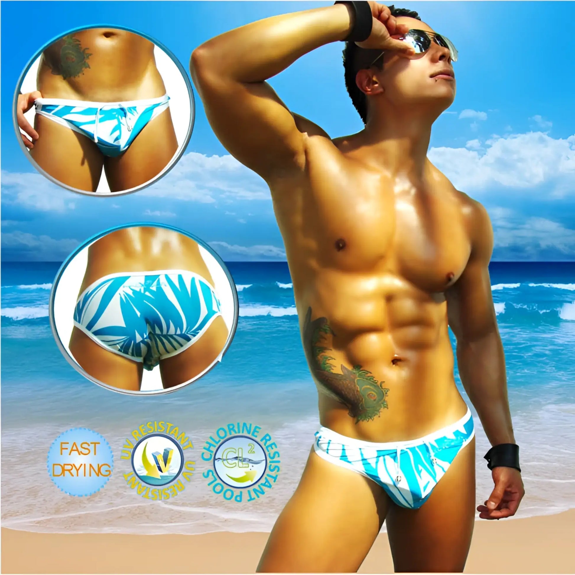 Icker Sea blue waves slip bikini swimwear featuring blue and white tropical leaf patterned swim trunks