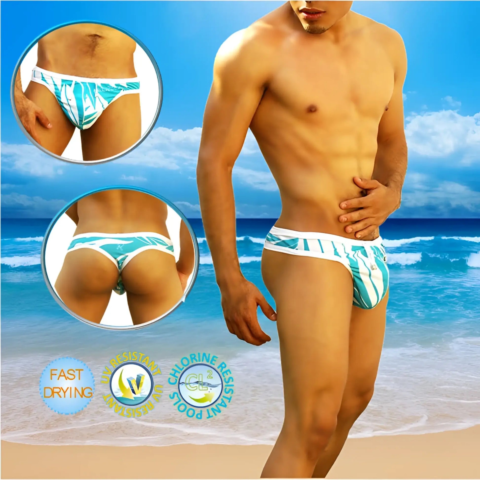 Icker Sea blue waves tanga thong swimwear turquoise and white quick-drying tropical leaf patterned fabric for pool use