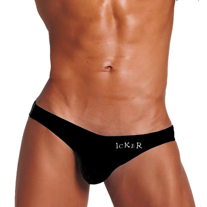 Black velvet thong with white icker branding from icker sea bottomless jock bikini strap underwear black coi 18 01