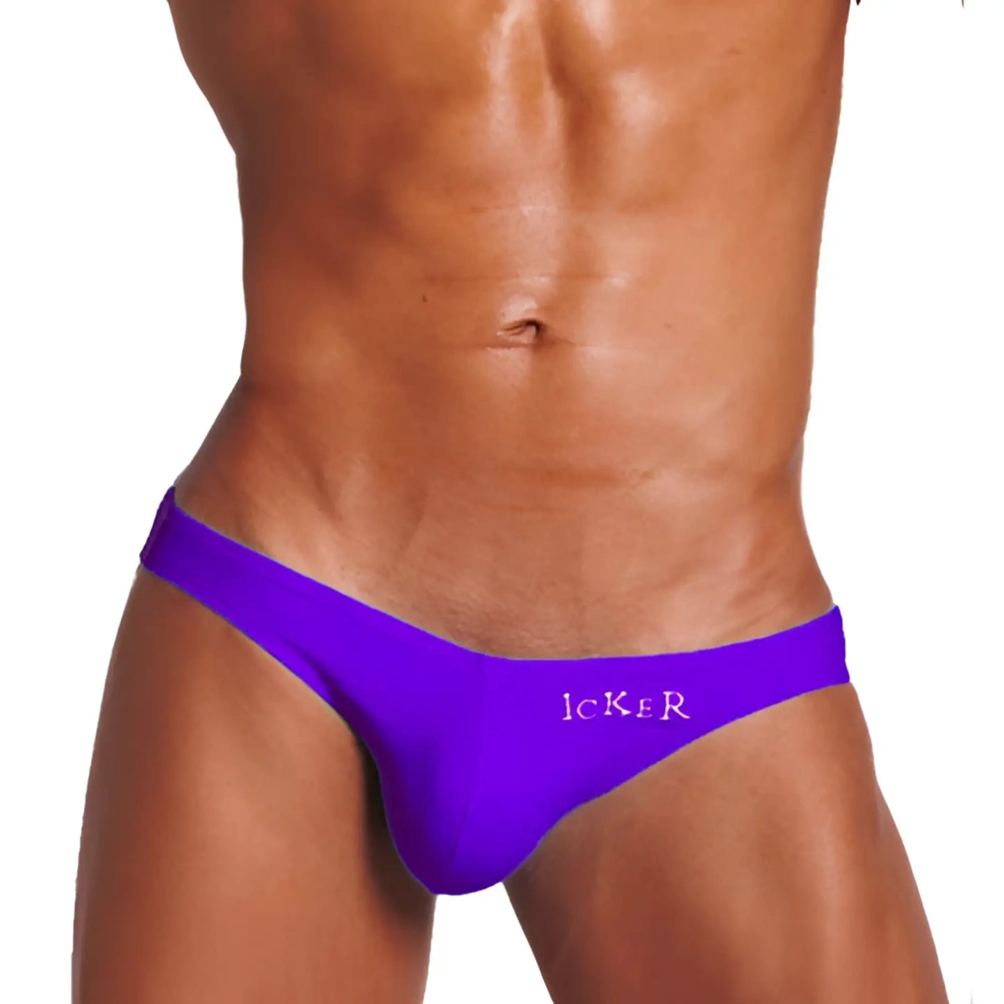 Iker sea bottomless jock bikini swim trunks in vibrant purple with sleek low-rise design and white embroidered logo