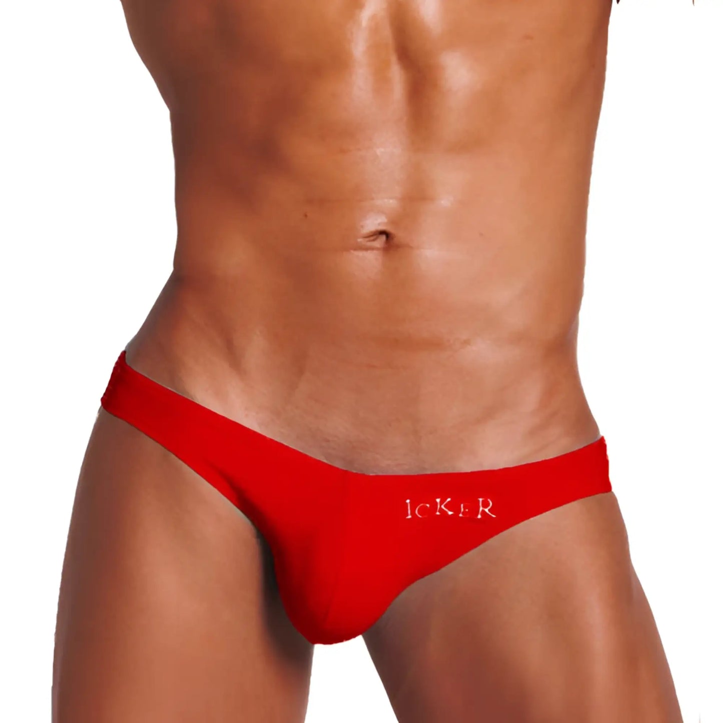 Red form-fitting thong underwear with subtle icker logo embroidered in white from icker sea bottomless jock bikini strap line