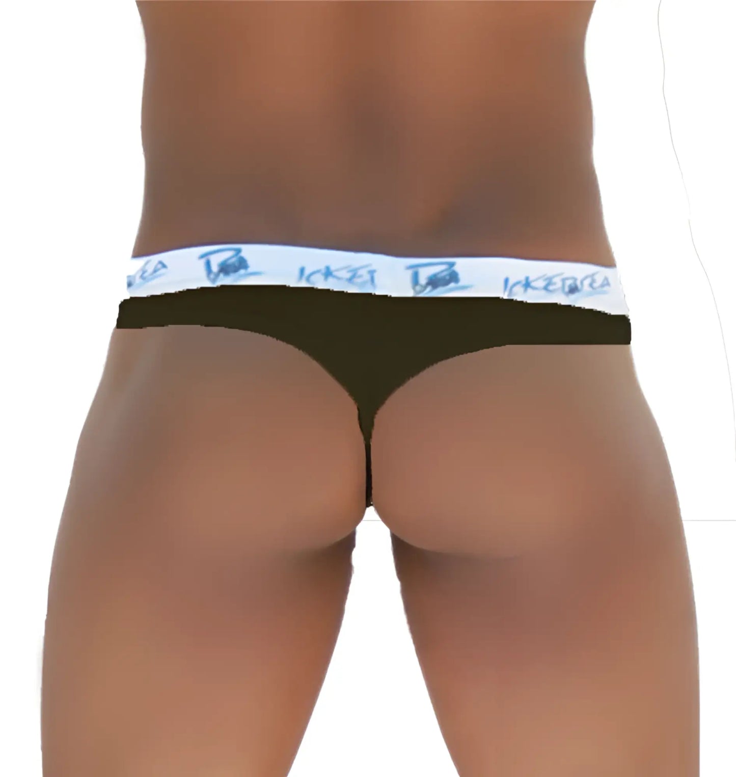 Black icker sea brazilian tanga thong underwear with white waistband and blue ikea branding, front view
