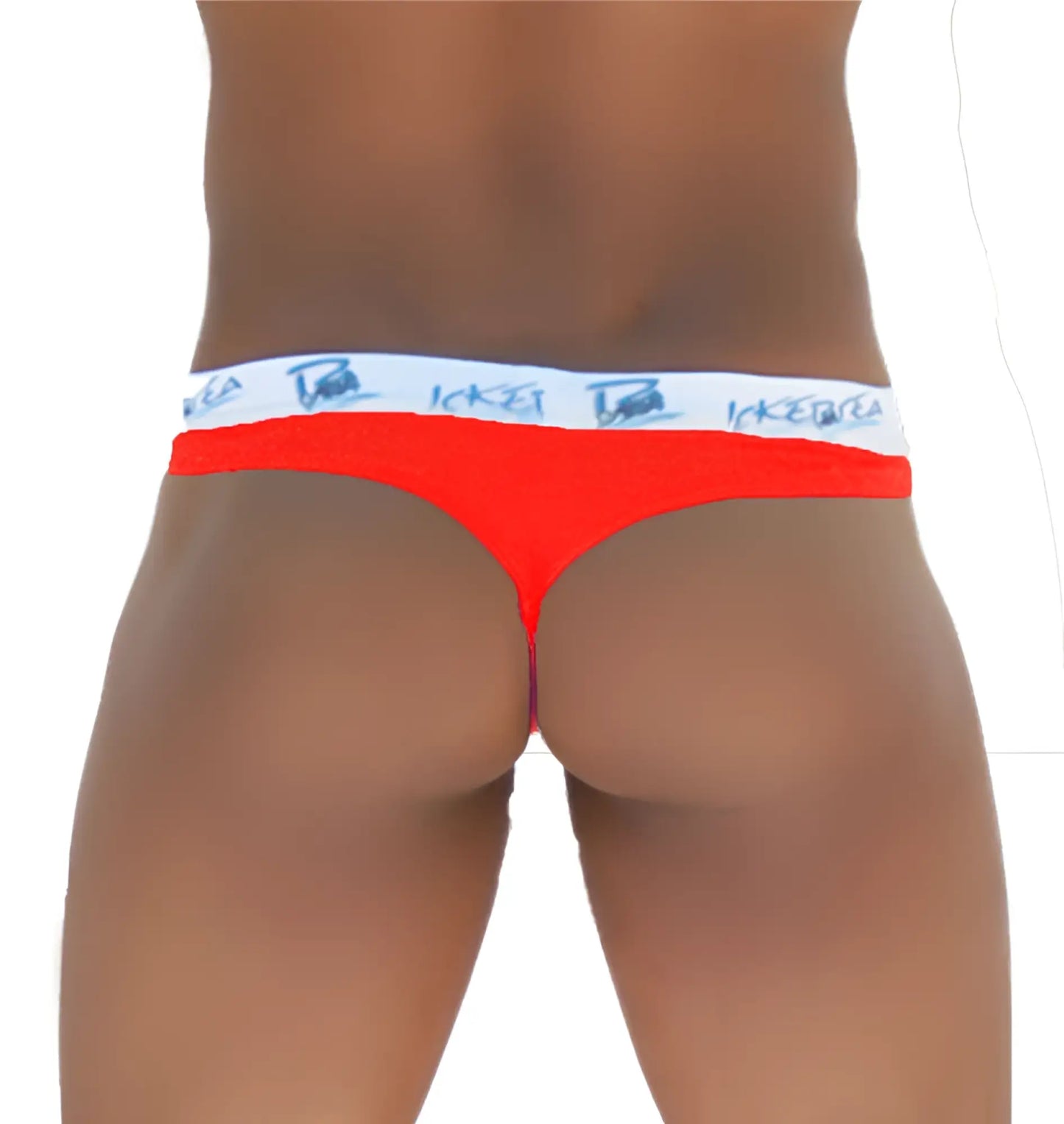 Bright red icker sea brazilian tanga thong underwear with white waistband and blue ikea branding, back side view