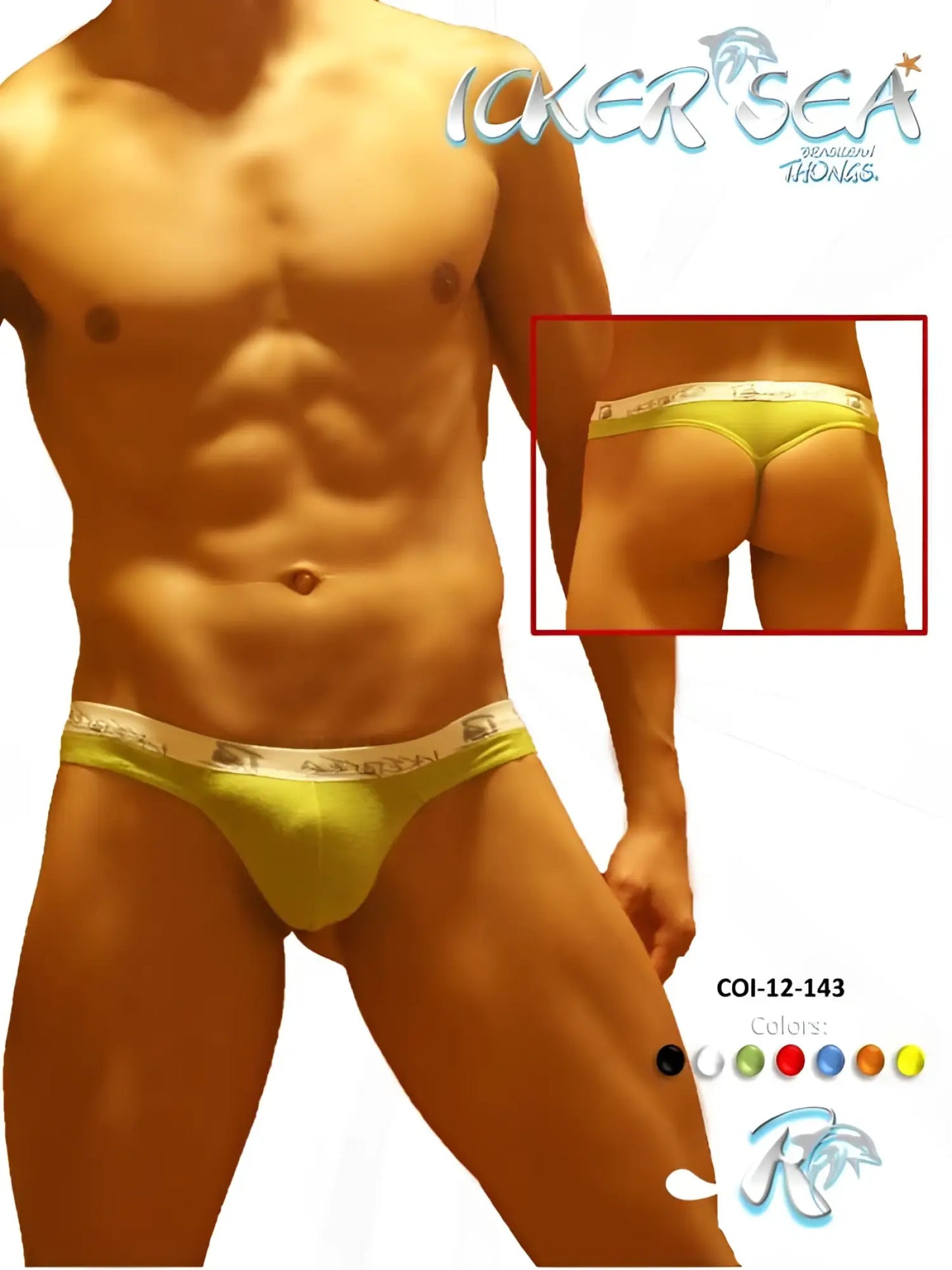 Bright yellow brazilian thong underwear with white elastic waistband featuring icker sea brand name in black letters