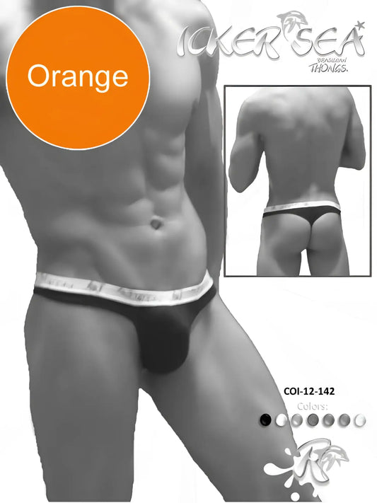 Orange Icker Sea Brazilian thong underwear with white elastic waistband featuring brand name for comfortable wear
