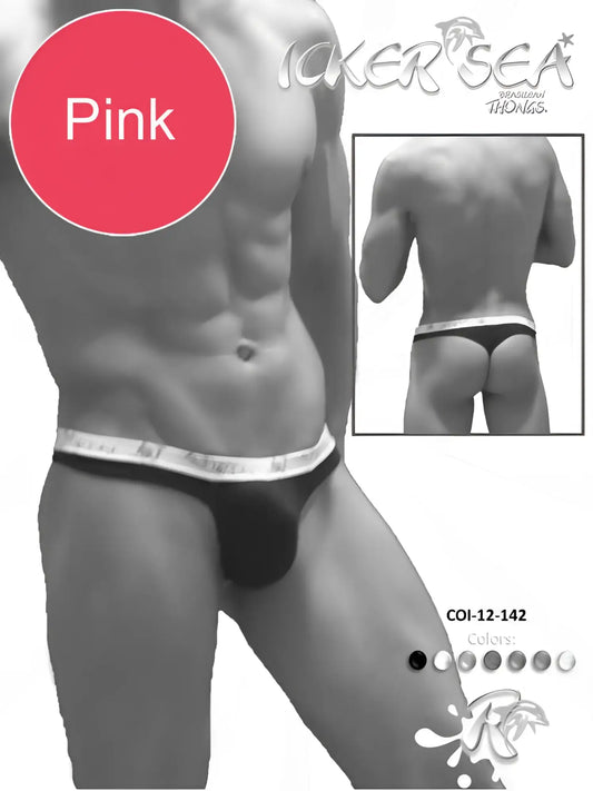 Pink icker sea men’s briefs with white elastic waistband featuring black brand name lettering cobalt inset fabric