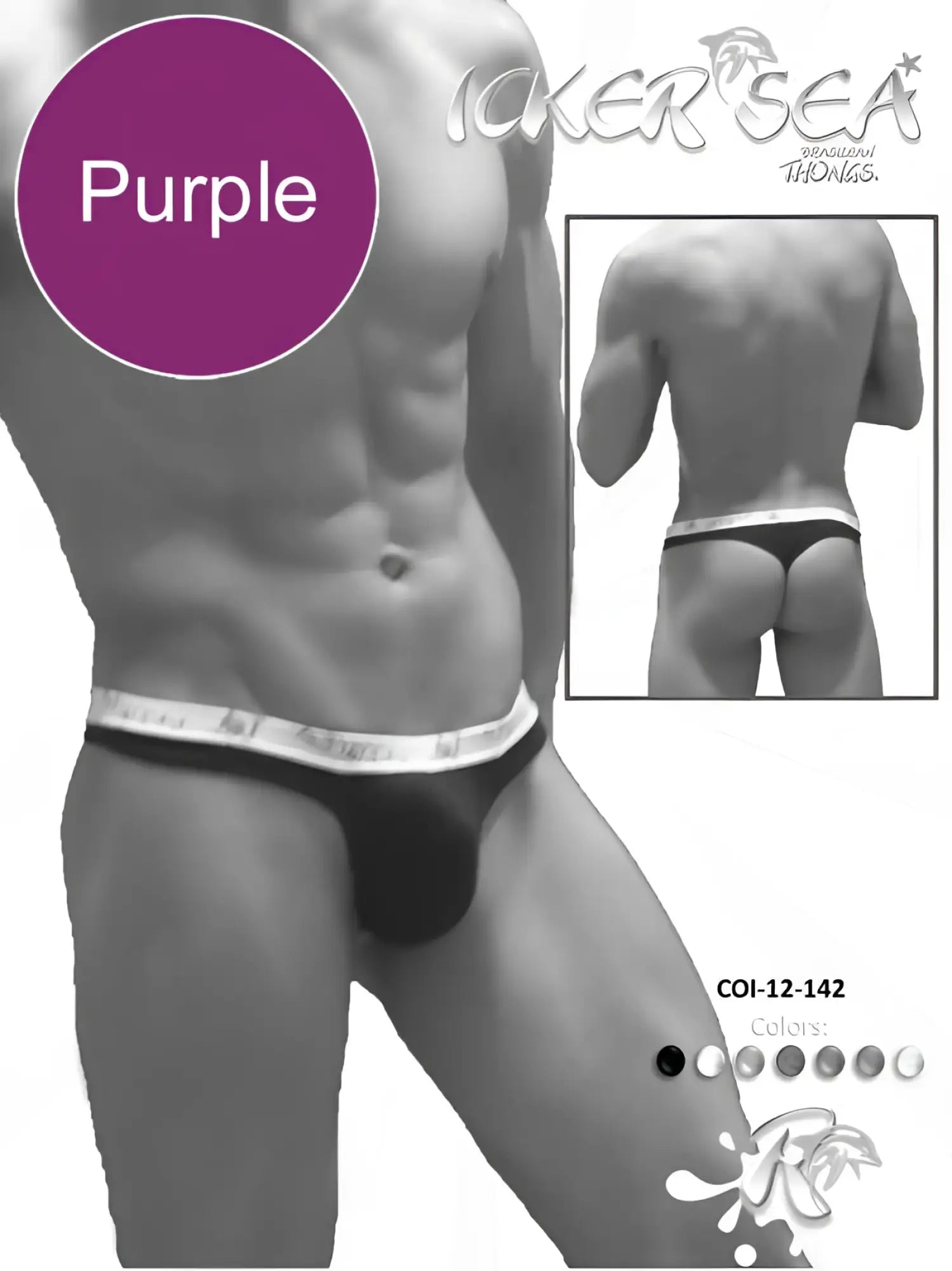 Purple icker sea brazilian thong underwear with white elastic waistband and silver branding letters front view