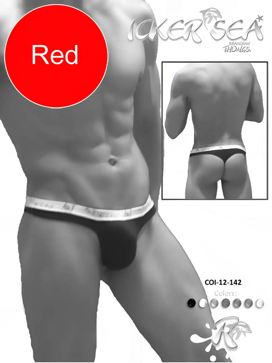 Red men’s briefs with white elastic waistband branded icker sea in black lettering brazilian thong underwear coI-12-143