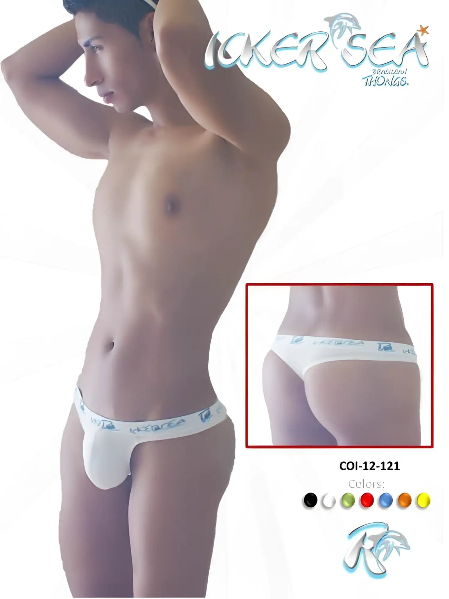 White lace-trimmed brazilian thong underwear with light blue icker sea branding on the waistband