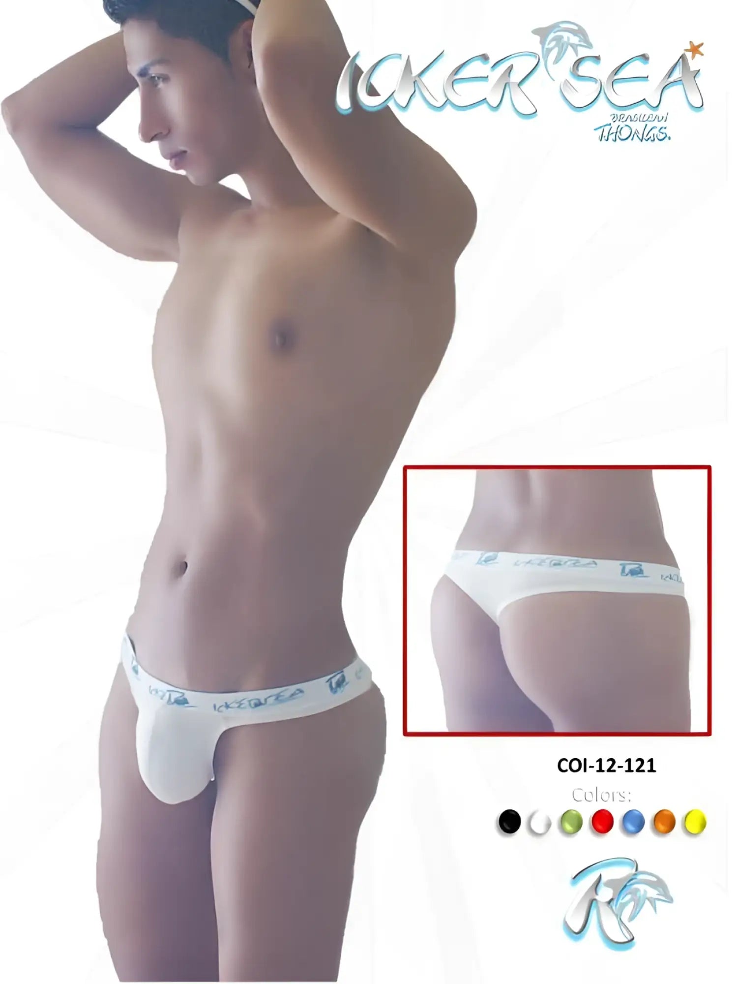 White lace-trimmed brazilian thong underwear with light blue icker sea branding on the waistband