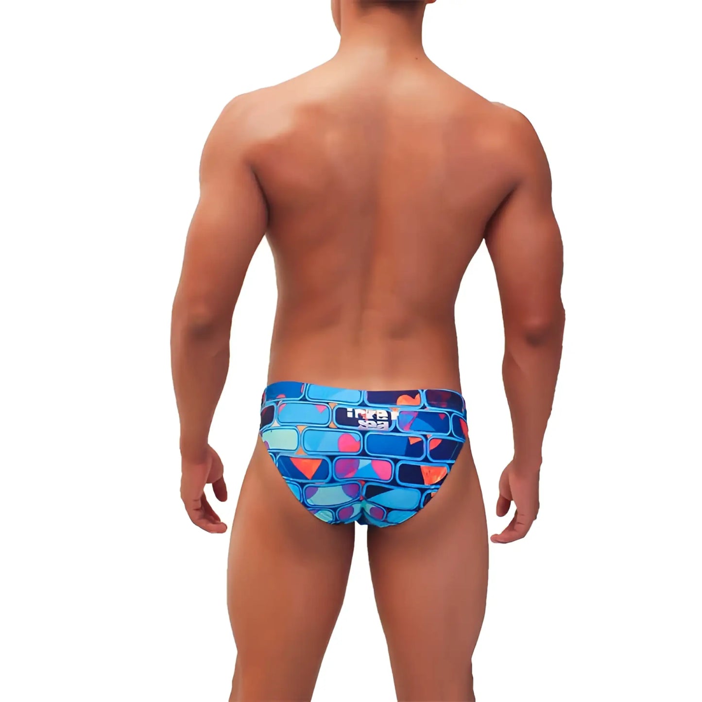 Icker Sea Bricks bikini swimwear blue COB-22-03 blue and pink geometric patterned men’s swim trunks with a brick design