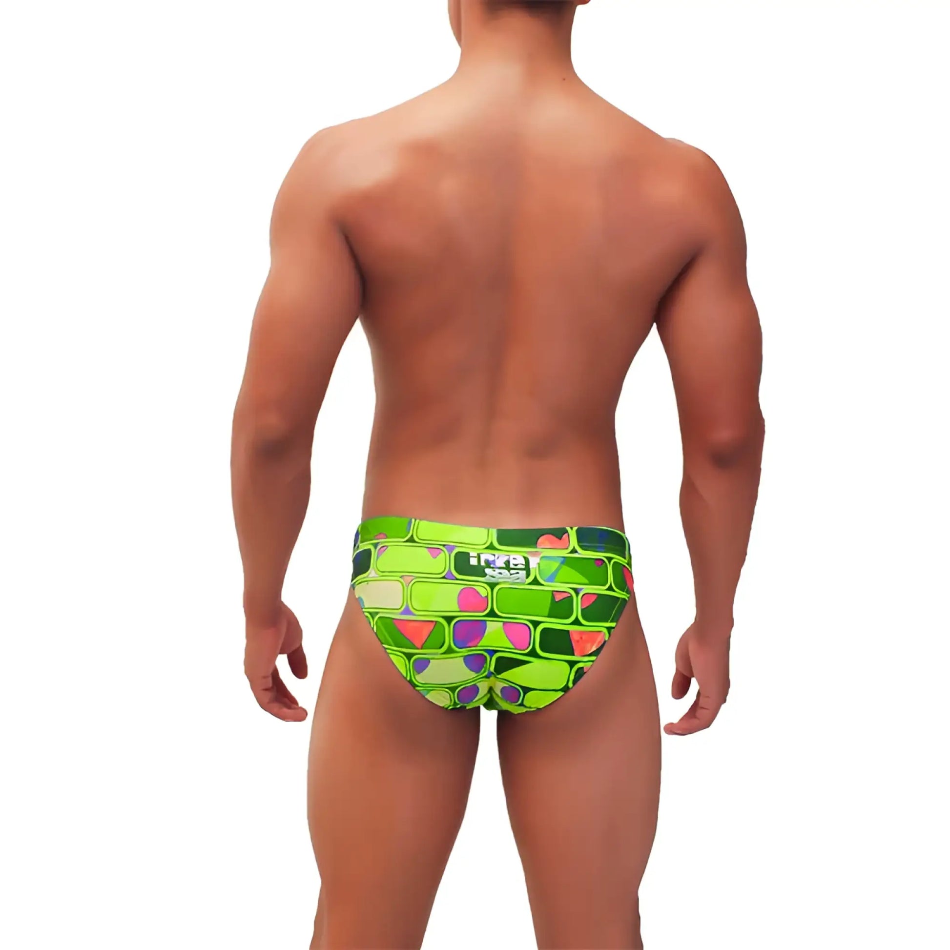 Icker Sea Bricks bikini swimwear green vibrant lime green swim trunks with bold geometric pink purple and teal accents