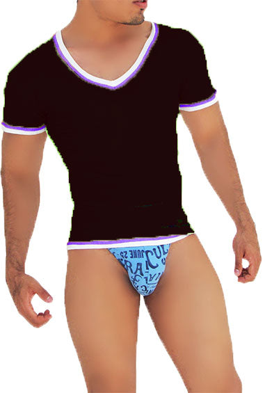 Icker Sea Kurzarm-T-Shirt mit Kontrastbesatz, V-Ausschnitt, Schwarz/Lila, CA-16-32