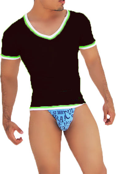 Icker Sea Kurzarm-T-Shirt mit Kontrastbesatz, V-Ausschnitt, Schwarz/Grün, CA-16-36