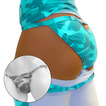 Back view of icker sea turquoise camouflage micro slip tanga bikini underwear with gray and black camo design and brand tag