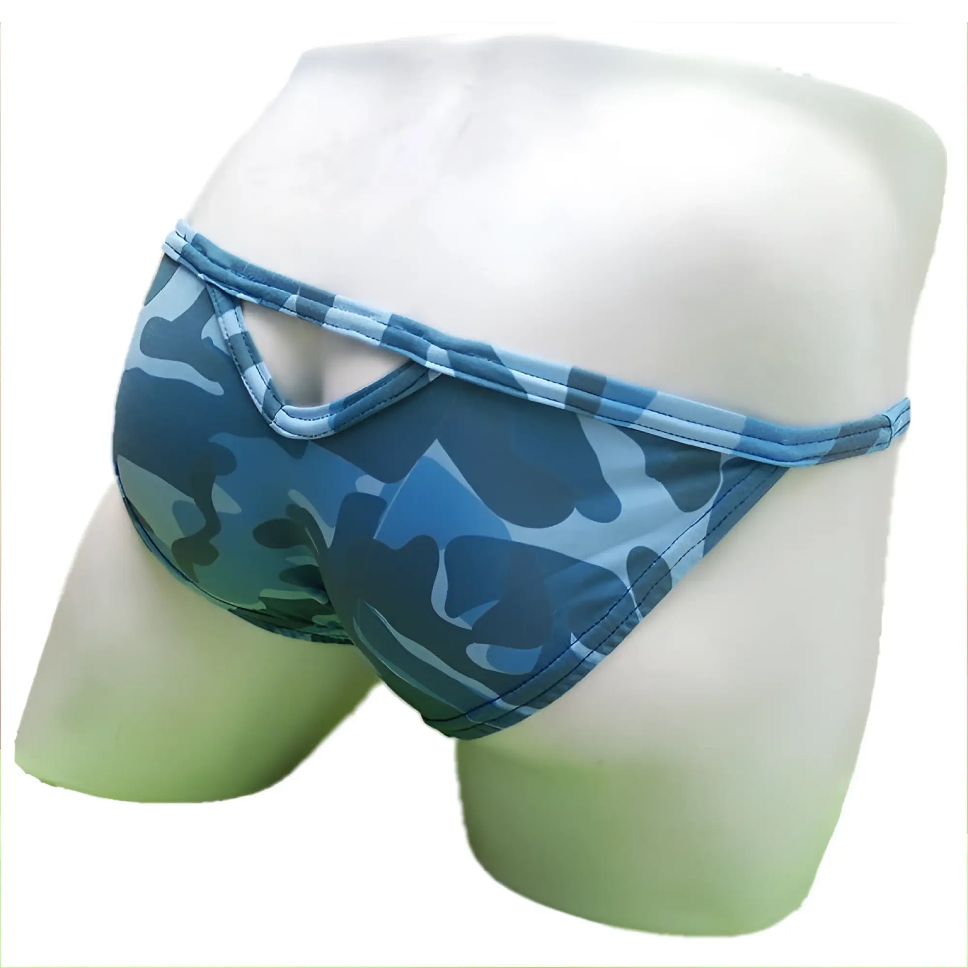 Blue camouflage men’s briefs with back cutout design and light blue trim from icker sea micro slip tanga bikini underwear