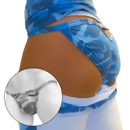 Blue camouflage patterned thong with gray and white accents showing back cut out design for underwear use