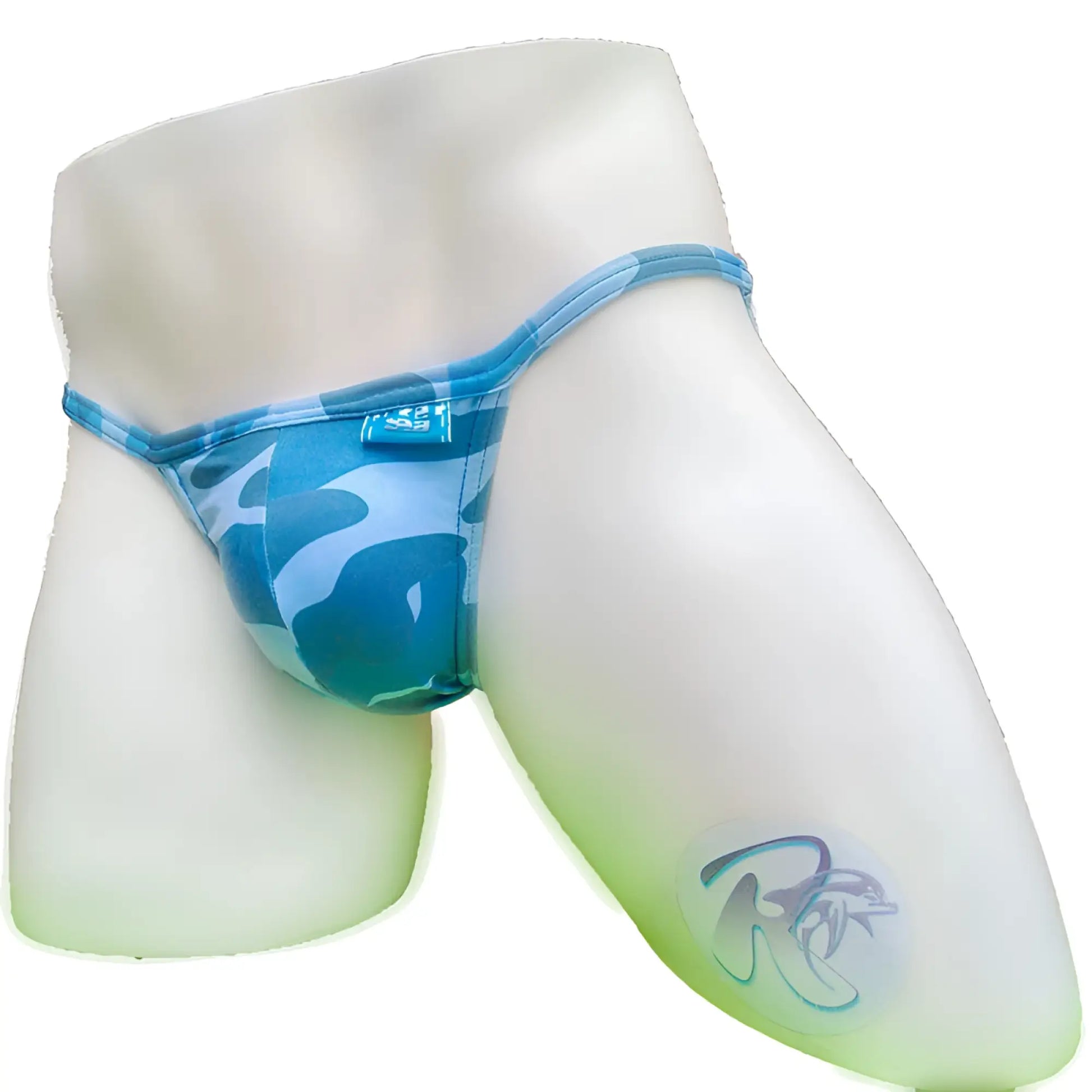 Back view of icker sea deep blue camouflage back cut out micro slip tanga bikini underwear swim trunks