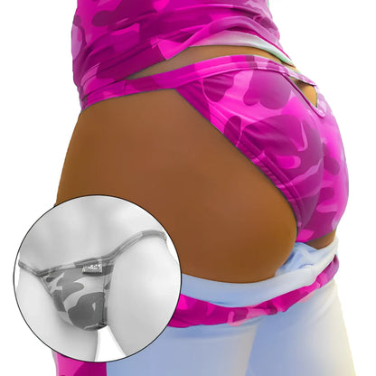Pink camouflage patterned thong with silver metal clasp and trim shown from the back in icker sea micro slip tanga bikini underwear fuchsia