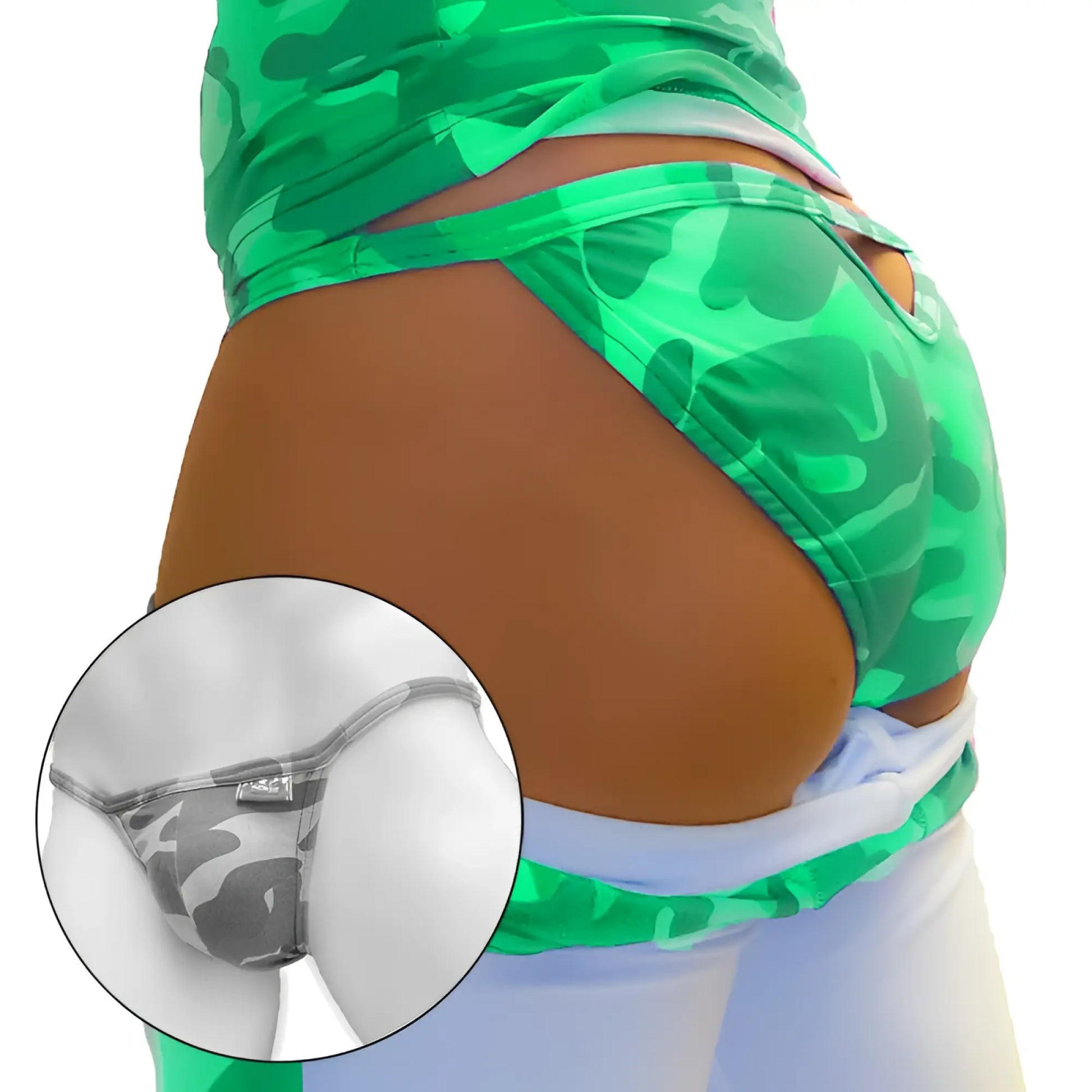 Green camouflage thong bikini underwear with back cut out and gray white camo inset close-up from icker sea collection