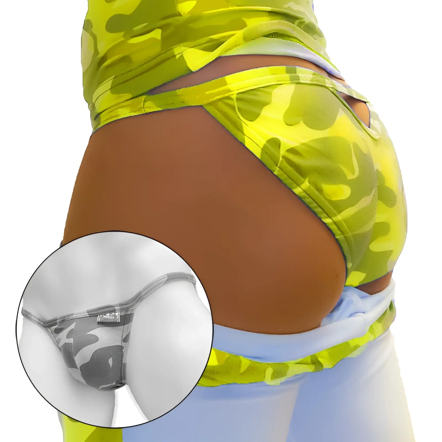Icker Sea camouflage back cut out micro slip tanga bikini underwear in lime green and gray stretchy fabric