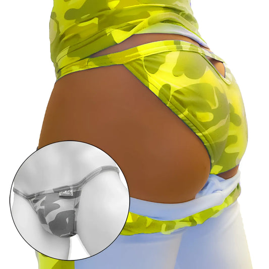 Icker Sea camouflage back cut out micro slip tanga bikini underwear in lime green and gray stretchy fabric
