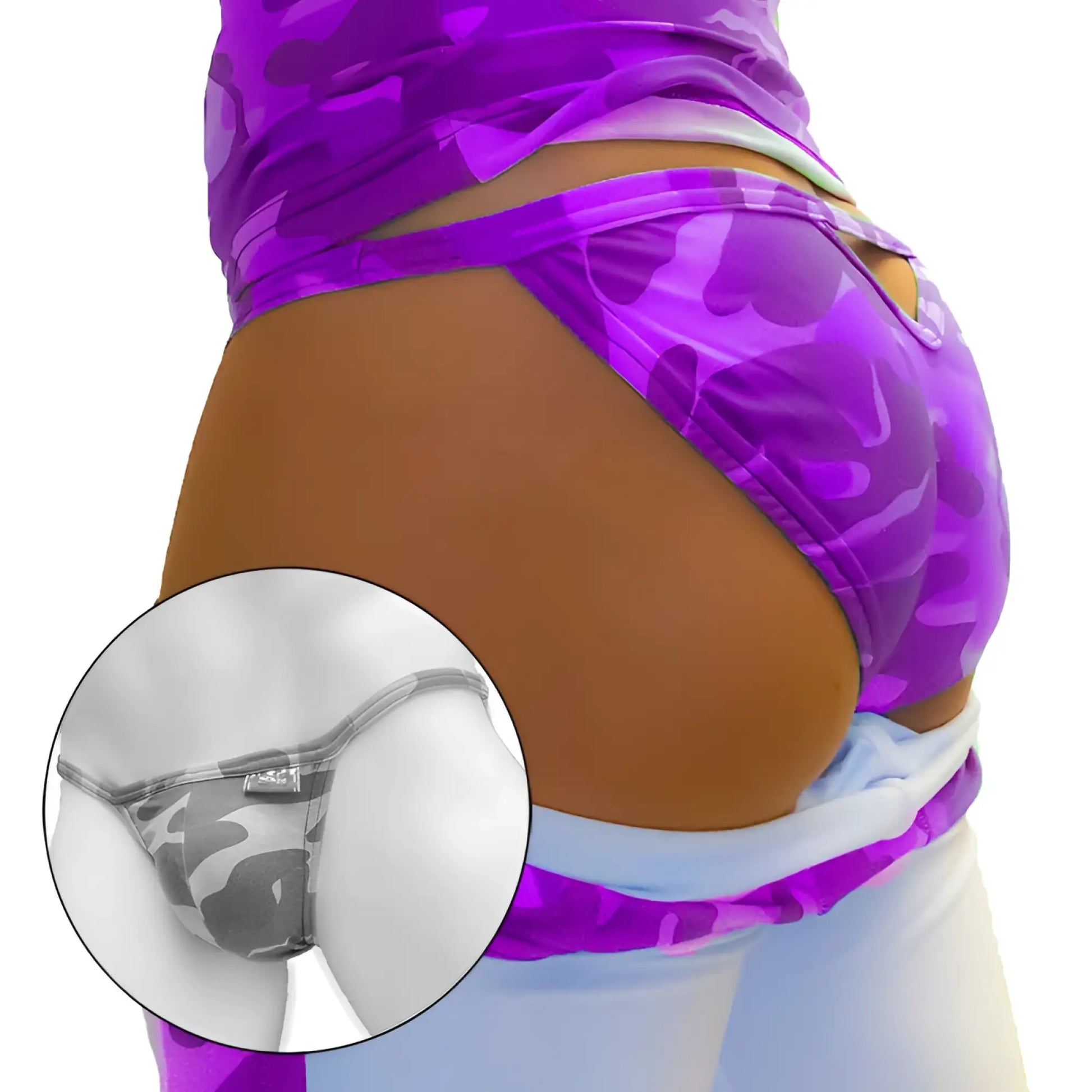 Purple camouflage back cut out micro slip tanga bikini underwear with snug form fitting design by icker sea