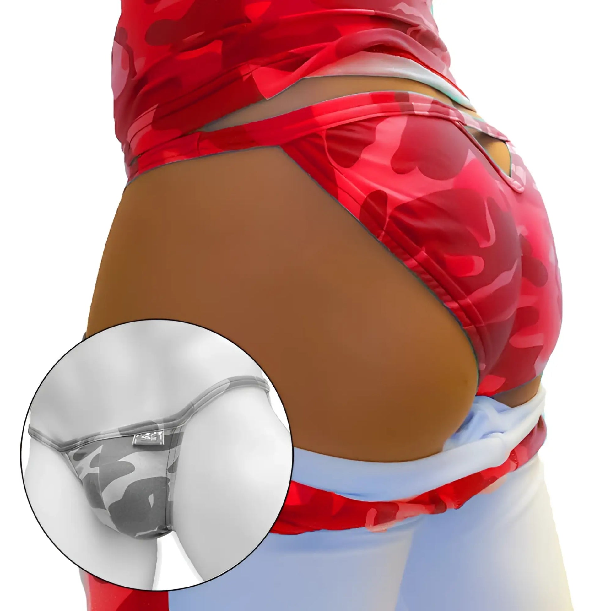Red camouflage back cut out micro slip tanga bikini underwear with shiny stretchy fabric and silver logo on waistband