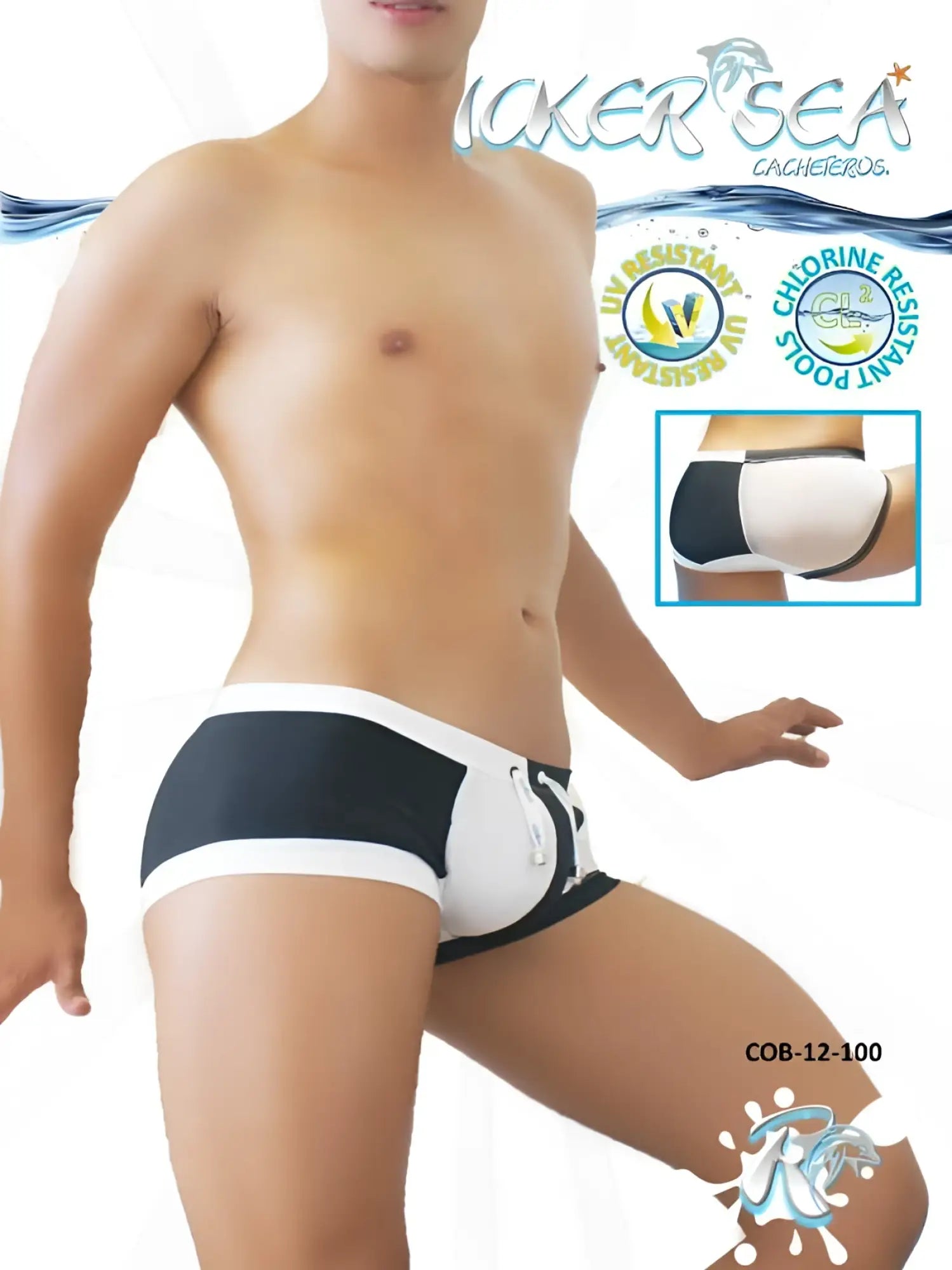 Icker sea chess duotone square cut swim trunks in black and white with a drawstring waistband for swimming