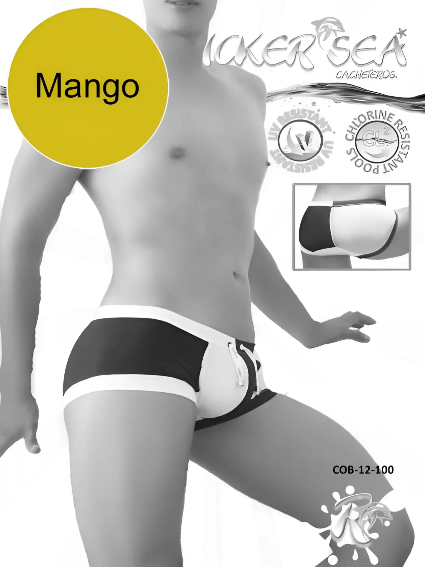 Black and white swim trunks with contrasting stripe design and mango logo in icker sea chess duotone square cut style