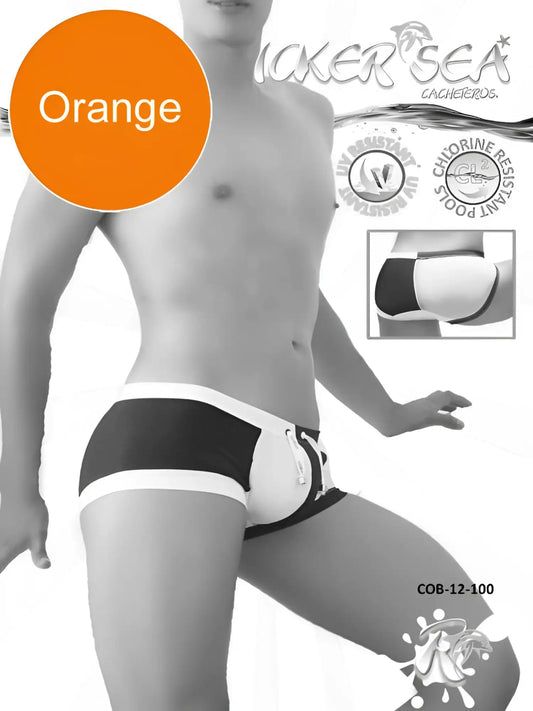 Black and white striped swim trunks with orange accent label from icker sea chess duotone square cut trunk swimwear