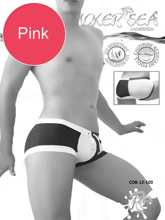 Icker Sea Chess duotone square cut swim trunks in black and white with a pink accent label for beachwear