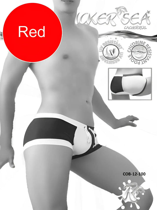Icker Sea Chess duotone square cut swim trunks in red and black with white trim for men