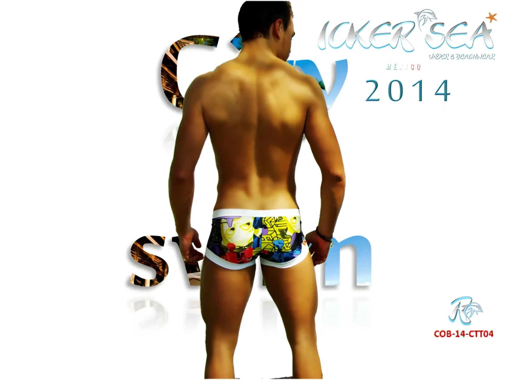 Icolorful comic-book-style swim trunks with white waistband in icker sea city low square cut trunk swimwear cobr-14-ctt04