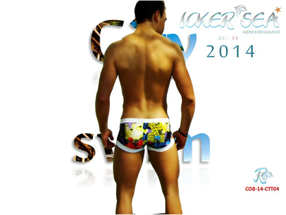 Icolorful comic-book-style swim trunks with white waistband in icker sea city low square cut trunk swimwear cobr-14-ctt04