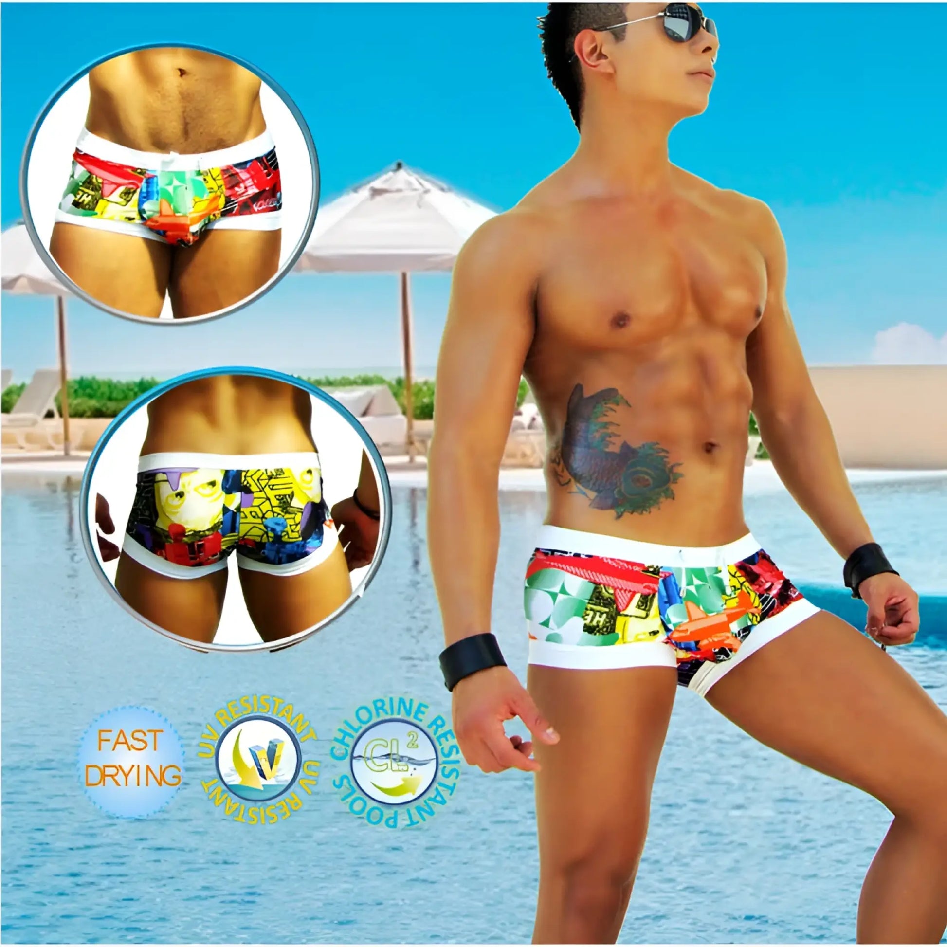 Vibrant comic-book-themed low square cut swim trunks with white waistband by icker sea for city use