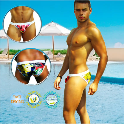White swim trunks with vibrant graffiti style graphics and snug fit from icker sea city microslip bikini swimwear