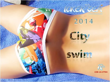 Colorful graphic print bikini bottom with white trim from icker sea city mini bikini swimwear collection