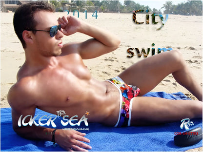 Colorful patterned icker sea city mini bikini swimwear with white trim designed for stylish beachwear