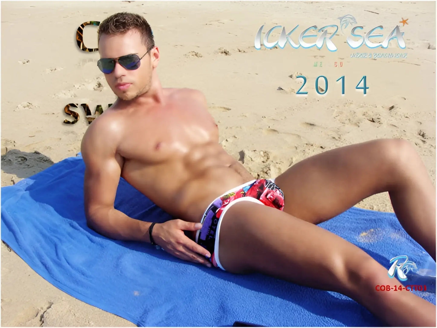 Icolorful patterned swim trunks with white trim from icker sea city mini bikini swimwear collection for beach use